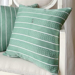 Green Striped Throw Pillow Cover with Zipper – Rustic Cottagecore Decorative Cushion Case, Recycled Fabric Home Decor