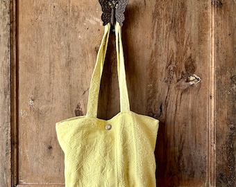Vintage yellow antique cotton Bag Upcycled Floral French Shoulder Bag Handmade Tote  Sustainable Purse unique handcrafted tote bag