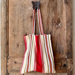Striped Tote Bag red and cream French Vintage Fabric Market Bag,Coastal Cottagecore Shoulder Bag ,Eco Reusable Beach Tote,Summer Bag Gift