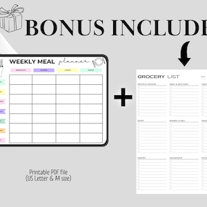 Weekly meal Planer, Printable Menu Planner, Digital Download, Meal Planning Sheet, Grocery List, A4 Letter size, Weekly Food Planner