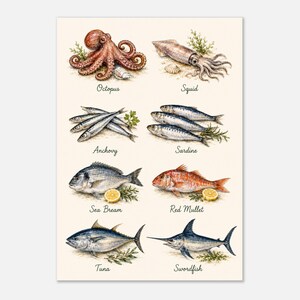 Mediterranean Fish Poster, Vintage Marine Life Art Print, Coastal Kitchen Decor