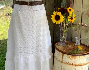 vintage lace, crochet + linen midi skirt ~ romantic white country boho  ~ s, m, l