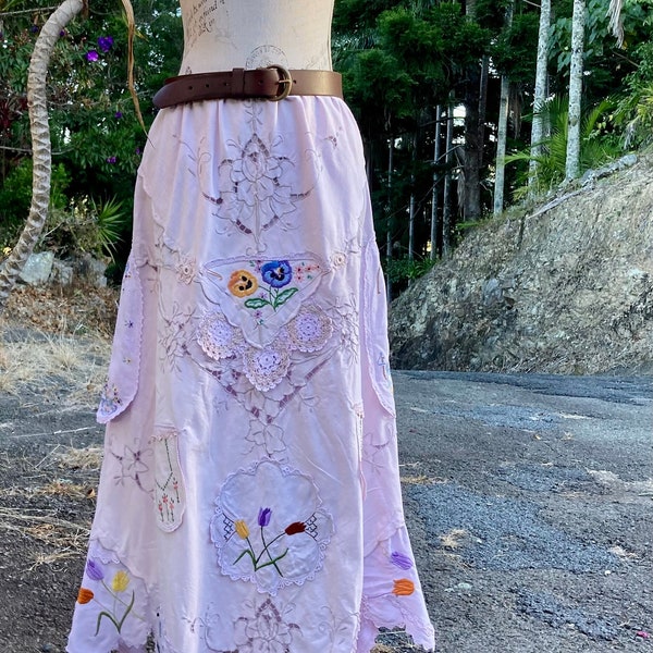 misty mauve maxi skirt ~ bohemian country ~ romantic old world style ~ adaptable size / up to 37” waist