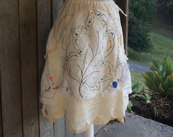 my country garden embroidered skirt - linen and lace bohemian alternative - s / m