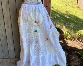 a day in the country skirt ~ embroidered linen + lace maxi ~ bohemian - old world - adaptable size