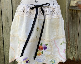 pansies on linen short skirt ~ boho mini ~ adaptable size