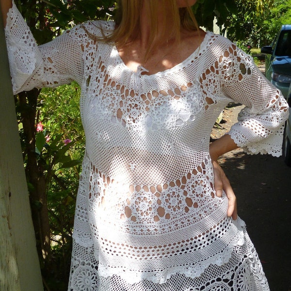 bohemian maternity dress, white crochet tunic, osfm