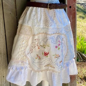 Australiana linen skirt ~ flora + fauna ~ rustic  boho midi ~ vintage lace  & crochet ~ adaptable size from xs to xl