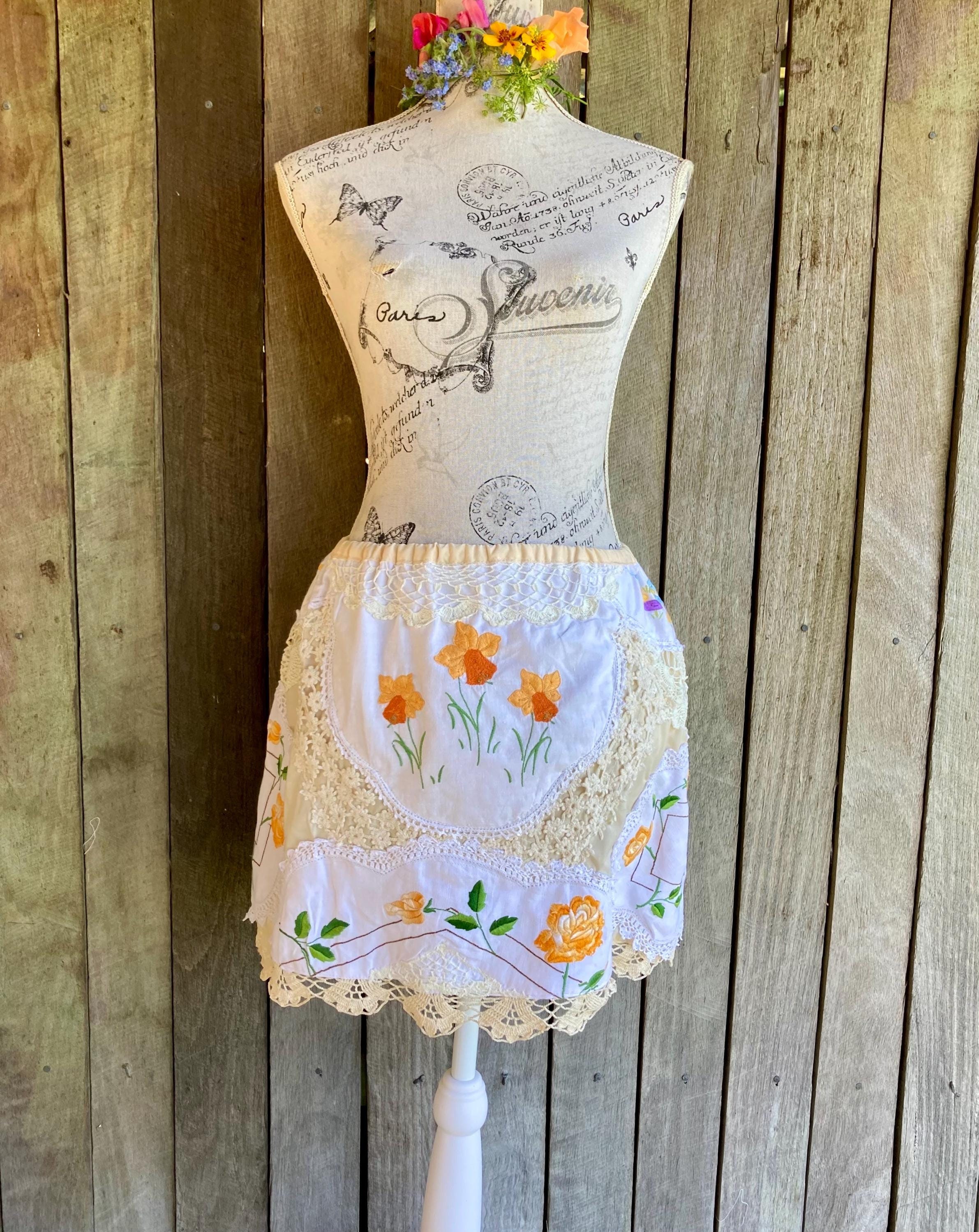 roses + daffodils embroidered short skirt ~ linen + lace boho mini ~ adaptable size