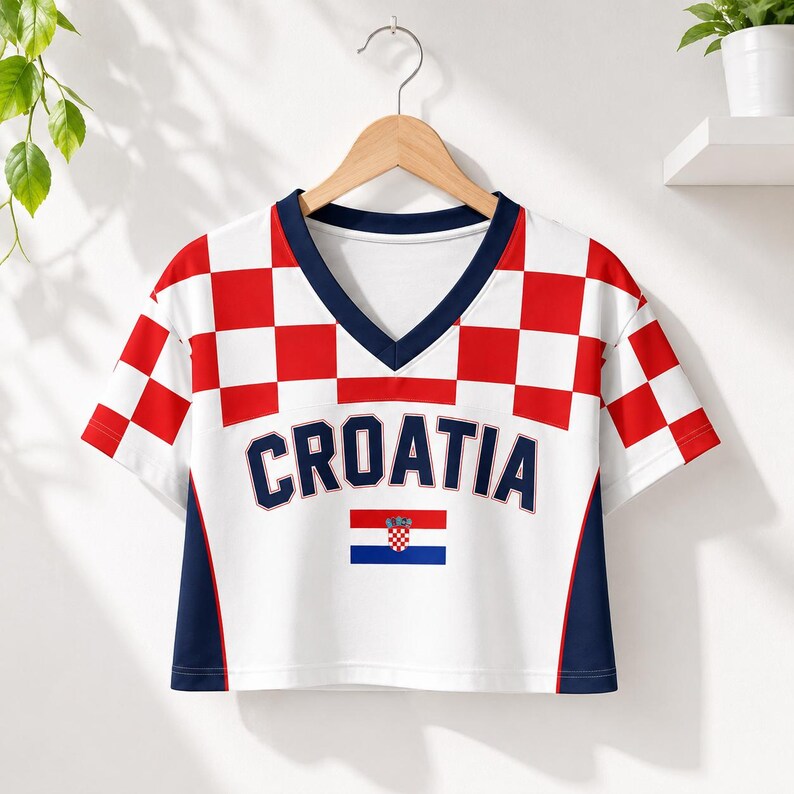 A red and white Croatia soccer jersey is hanging on a wooden hanger against a white wall.