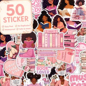 The image is a collage of various stickers featuring illustrations of women reading books, with a focus on the theme of reading and education.