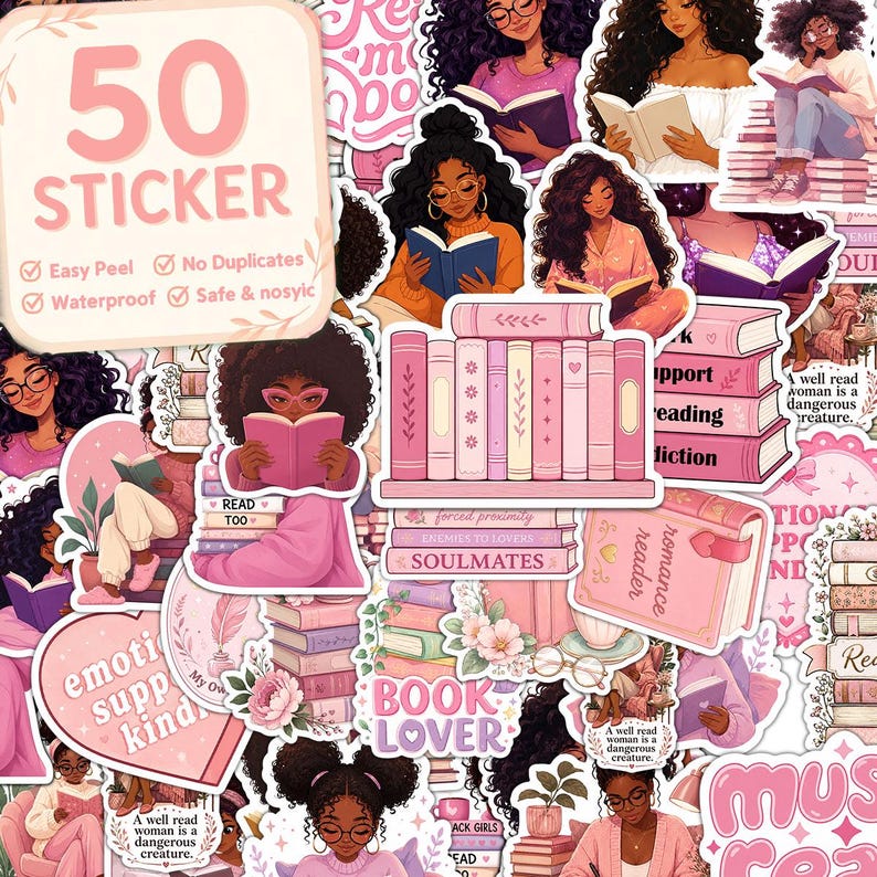 The image is a collage of various stickers featuring illustrations of women reading books, with a focus on the theme of reading and education.