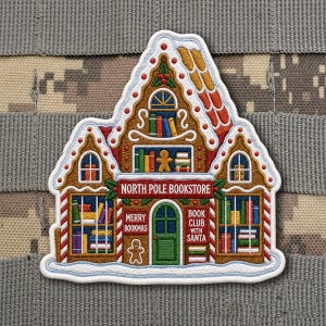 North Pole Bookstore Patch, Christmas Gingerbread Book Iron On Patch, Merry Bookmas Embroidered Patch for Jacket Backpack