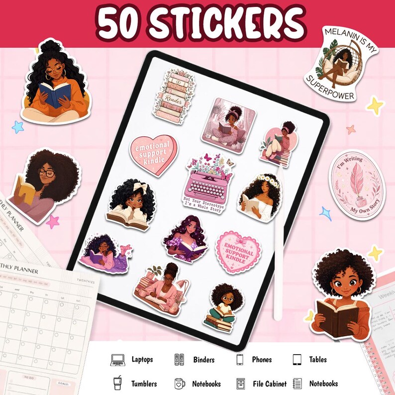 The image is a collection of stickers featuring various illustrations of women, including one reading a book, and includes additional stickers with motivational phrases and designs.