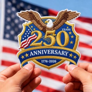 May include: A blue and gold patch commemorating the 250th anniversary, featuring an eagle with outstretched wings. The patch includes the text "250 YEARS ANNIVERSARY 1776-2026" and a waving American flag design.