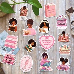 a collection of stickers featuring illustrations of young women reading books, along with other related themes such as romance, emotional support, and a book club.