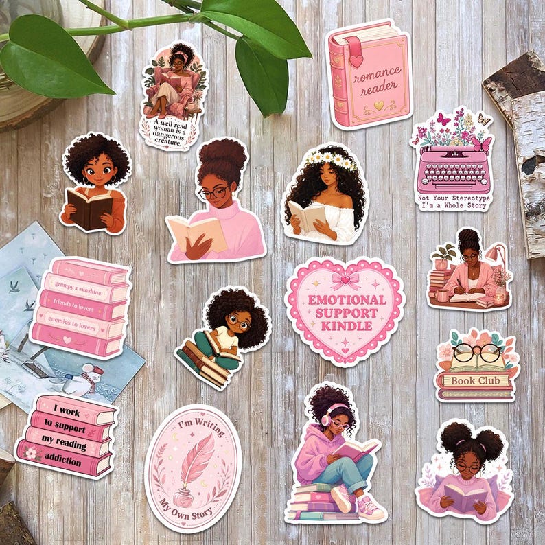 a collection of stickers featuring illustrations of young women reading books, along with other related themes such as romance, emotional support, and a book club.