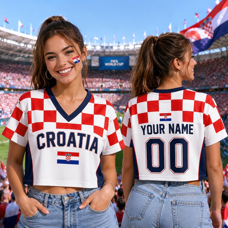 A woman wearing a red and white Croatia jersey with the name "Your Name" and the number "00" on the back, standing in front of a stadium filled with spectators.