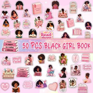 a collection of 50 stickers featuring black girls reading books, with various book titles and illustrations.