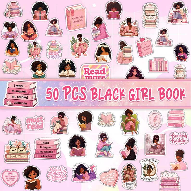 a collection of 50 stickers featuring black girls reading books, with various book titles and illustrations.