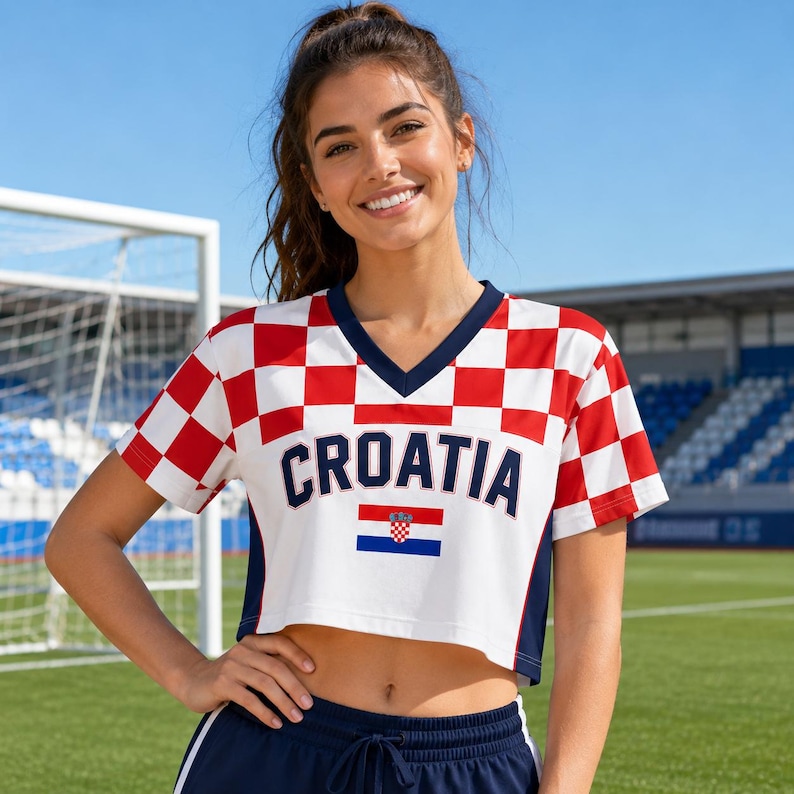 A smiling woman wearing a red and white Croatia soccer jersey stands on a soccer field.