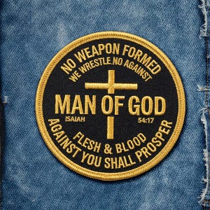 Man of God No Weapon Formed Isaiah 54:17 Patch, Christian Cross Iron On Patch, Scripture Round Patch Jacket