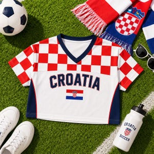 a white and red soccer jersey with the word "Croatia" printed on it, along with a soccer ball, a pair of sunglasses, and a water bottle.