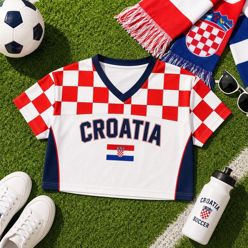 a white and red soccer jersey with the word "Croatia" printed on it, along with a soccer ball, a pair of sunglasses, and a water bottle.