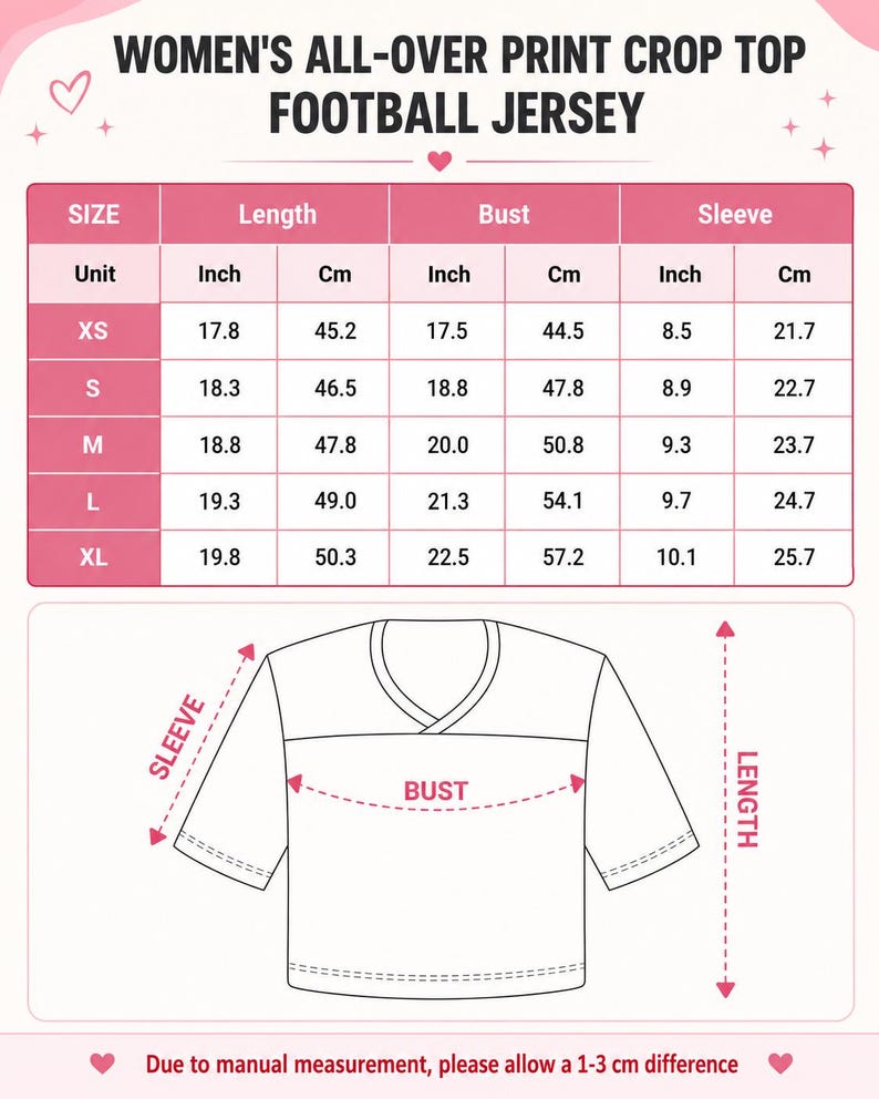 The image is a printed size chart for a women's all-over print crop top football jersey. It provides measurements for different sizes, including XS, S, M, L, and XL, along with corresponding bust, sleeve, and length measurements. The chart also includes a diagram of the jersey to illustrate the measurements.