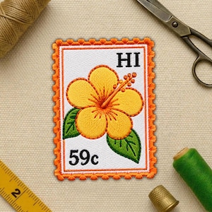 Aloha Hibiscus Flower Embroidered Patch, Tropical Hawaiian Style Stamp Applique, Orange Floral Iron On Patch for Jacket Bag Hat Beach Gift