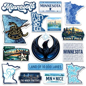 May include: A collection of Minnesota-themed stickers in various shapes and designs. Includes a license plate, state outline, and cityscape illustrations. The stickers feature text like "Minnesota," "Land of 10,000 Lakes," and "Saint Paul."