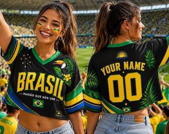 Custom Brazil Crop Top Jersey, Custom Name Number Jersey, Brazil Fan Game Day Top