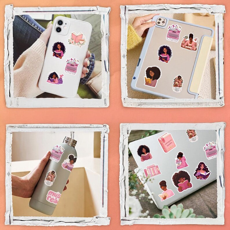 The image is a collage of four photos featuring a person holding a phone case with various stickers, a person holding a tablet, a person holding a water bottle, and a person holding a laptop with stickers on it.