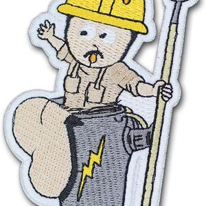 May include: Embroidered patch featuring a cartoon character in a yellow hard hat and work clothes, sitting in a gray container with a lightning bolt. The character holds a pole and has a surprised expression.