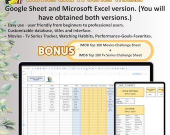 May include: A screenshot of a Google Sheet spreadsheet with a yellow and blue color scheme. The spreadsheet is titled "Movies/TV Series Tracker". The spreadsheet has columns for "Name", "Genre", "Director", "Movie/Series", "Current Season", "Total Episodes", "Watched", "Rating", and "Notes". There is also a screenshot of a mobile phone with a spreadsheet titled "Setup Settings" and "Set Your Input Data".