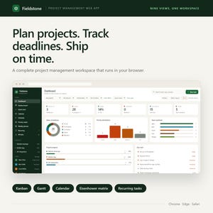 Puede incluir: Una interfaz digital para la aplicación web de gestión de proyectos Fieldstone que muestra un panel con métricas, desgloses de estado y gráficos de carga de trabajo. El diseño incluye un menú lateral y el texto Plan projects. Track deadlines. Ship on time.