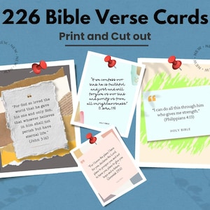 May include: A set of 226 Bible verse cards, designed for printing and cutting. The cards display inspirational quotes from the Bible, pinned to a blue backdrop. Each card has a unique design and colour scheme.