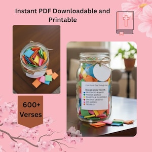 May include: A pink background with a jar filled with colorful squares and a jar with a label that says "I Can Do All This Through Him". The text "Instant PDF Downloadable and Printable" and "600+ Verses" are also visible.