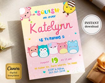 Squish invitation, Printable birthday invitation, girl birthday invite, squishmallow Editable invitation, instant download, squishy party