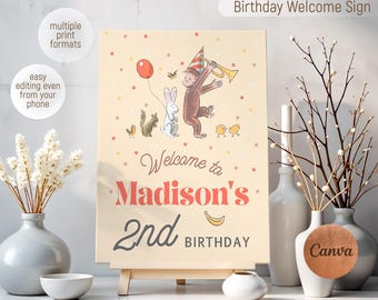 Curious George welcome sign template, printable birthday party Monkey welcome in poster, boy birthday, Ape b-day decoration template