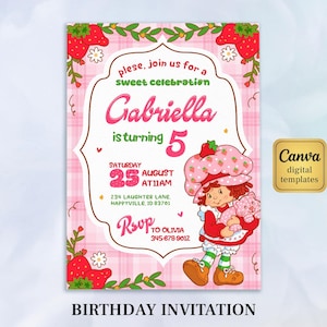 May include: A pink birthday invitation with a strawberry theme. The invitation features the text "Gabriella is turning 5" and includes a cartoon illustration of a girl holding a cat. The invitation also includes the date, time, and location of the party.