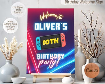 Switch welcome in, Gamer welcome sign, printable editable Video Game Party decoration template, gamepad welcome template