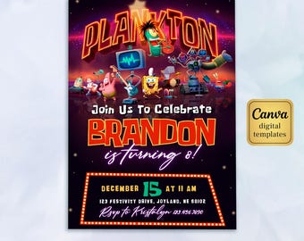 SpongeBob Birthday Invitation, Plankton movie Party Digital Invite, Funny Editable Spongebob Card, Instant Download, Adult Kids Party