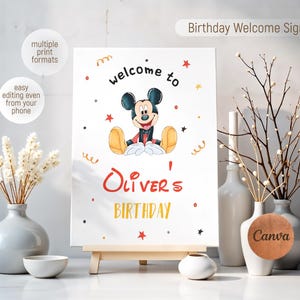 Plantilla de letrero de bienvenida imprimible de Mickey, póster de bienvenida a la fiesta de cumpleaños de Mouse, cumpleaños de Clubhouse Boy, decoración de cumpleaños