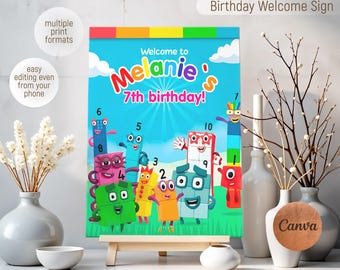 Numberblocks welcome in, Learn Numbers first second welcome sign, printable editable Party decoration template, welcome poster template
