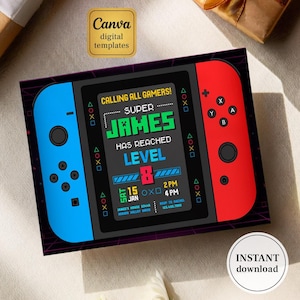 May include: A rectangular digital invitation designed to resemble a handheld gaming console with a blue left controller and a red right controller. The screen displays text reading CALLING ALL GAMERS! SUPER JAMES HAS REACHED LEVEL 8 on Jan 15.