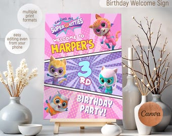 SuperKitties welcome sign template, printable birthday party Super Kitties welcome in poster, boy birthday, Kitten b-day decoration template