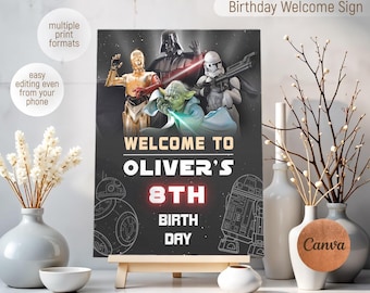 Afdrukbare sjabloon ster welkomstbord, verjaardag Stormtrooper Wars-feest welkom in poster, Darth Vader-jongen verjaardagsfeestdecoratie