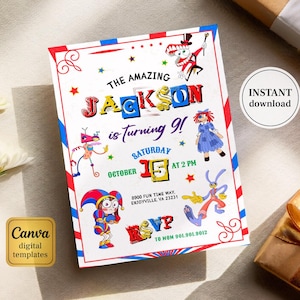 Amazing Digital Circus Invitation,  Printable Editable Digital Circus party Invite, Birthday Party Celebration template Download