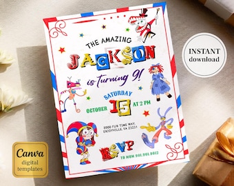 Amazing Digital Circus Invitation,  Printable Editable Digital Circus party Invite, Birthday Party Celebration template Download
